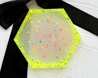 Handcrafted Neon Yellow Heart Resin Tray: Holographic Jewelry Trinket Dish