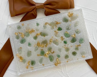 Handcrafted Jade Rock with Gold Flake Resin Vanity Tray: Jewelry, Perfume Organizer