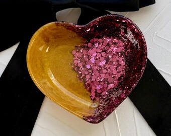 Handcrafted Heart Shaped Resin Tray: Gold Glitter and MaroonVanity Decor