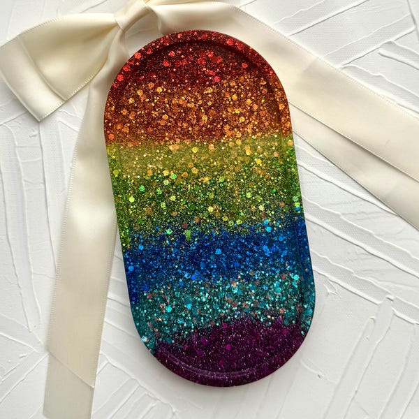 Handcrafted Resin Vanity Tray: Rainbow Glitter Holo Oval