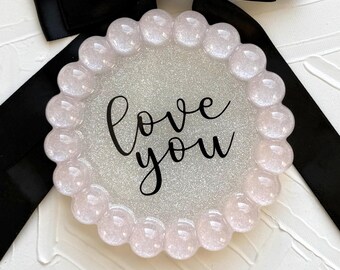 Handcrafted Black & Pink Resin Vanity Tray: Shimmering Circle Design, I Love You