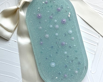 Handcrafted Resin Vanity Tray: Pearl & Sequin Blue Holo Oval