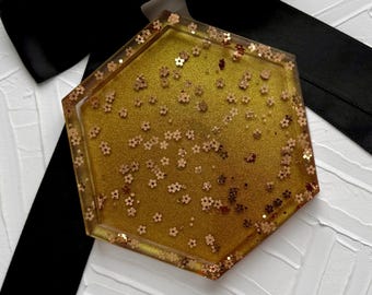 Handcrafted Colorshifting Resin Trinket Tray: Bronze Flower Flake Vanity Decor