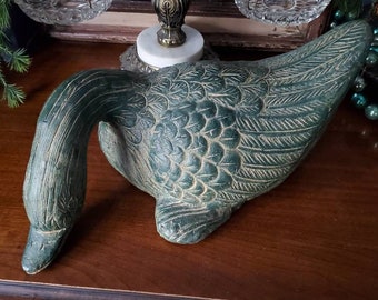 Large Terracotta Goose Statue Dry Brushed Black Bird Statuary