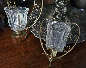 Vintage Wall Sconce Brass Votive Candle Holders Heart Hanging Metal Glass Set