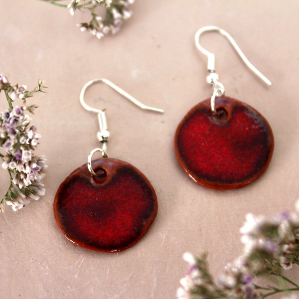 Handmade foraged clay ceramic burning red glazed Bristol earrings.
