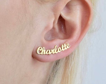 Name Earrings - 24k Gold Personalized Earring - Custom Earring Personalized Jewelry - Name Ear Climber Gold Earring - Christmas Earring PAIR