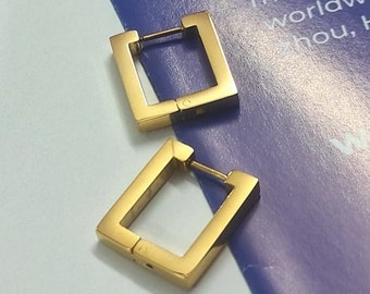 Quadratische Ohrringe 14 K Gold, kleine Goldreifen, moderne Klappohrringe minimalistisches Geschenk für sie, geometrischer Ohrring für Geschenke,