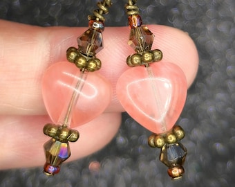 Pink Strawberry Quartz Dangle Earrings: Crystal Heart Gemstone Jewelry