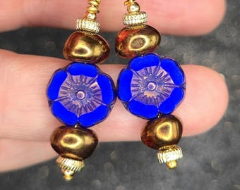 Blue and Bronze Floral Dangle Earrings: Gold Czech Crystal Antique Jewelry
