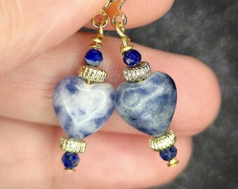 Dainty Sodalite Heart Leverback Earrings: Natural Gemstone Accessory, Perfect  Gift for Her, Blue and Gold Crystal Jewelry, Everyday Wear