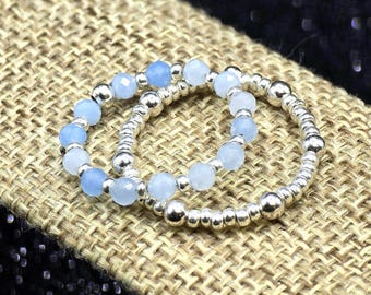 Stackable Aquamarine Rings Set, Dainty March Birthstone Jewelry Gift, Wire Wrapped Minimalist Accessory, Gold, Silver, or Antique Bronze