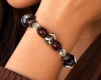 Lampwork-pärlarmband: Boho höstsmycken, antikbrons