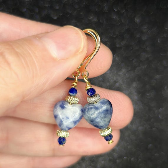 Dainty Sodalite Heart Leverback Earrings: Natural Gemstone Accessory, Perfect  Gift for Her, Blue and Gold Crystal Jewelry, Everyday Wear