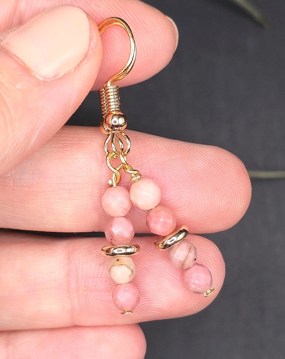 Dainty Rhodonite Dangle Earrings: 18k Gold-Plated, Gemstone Jewelry