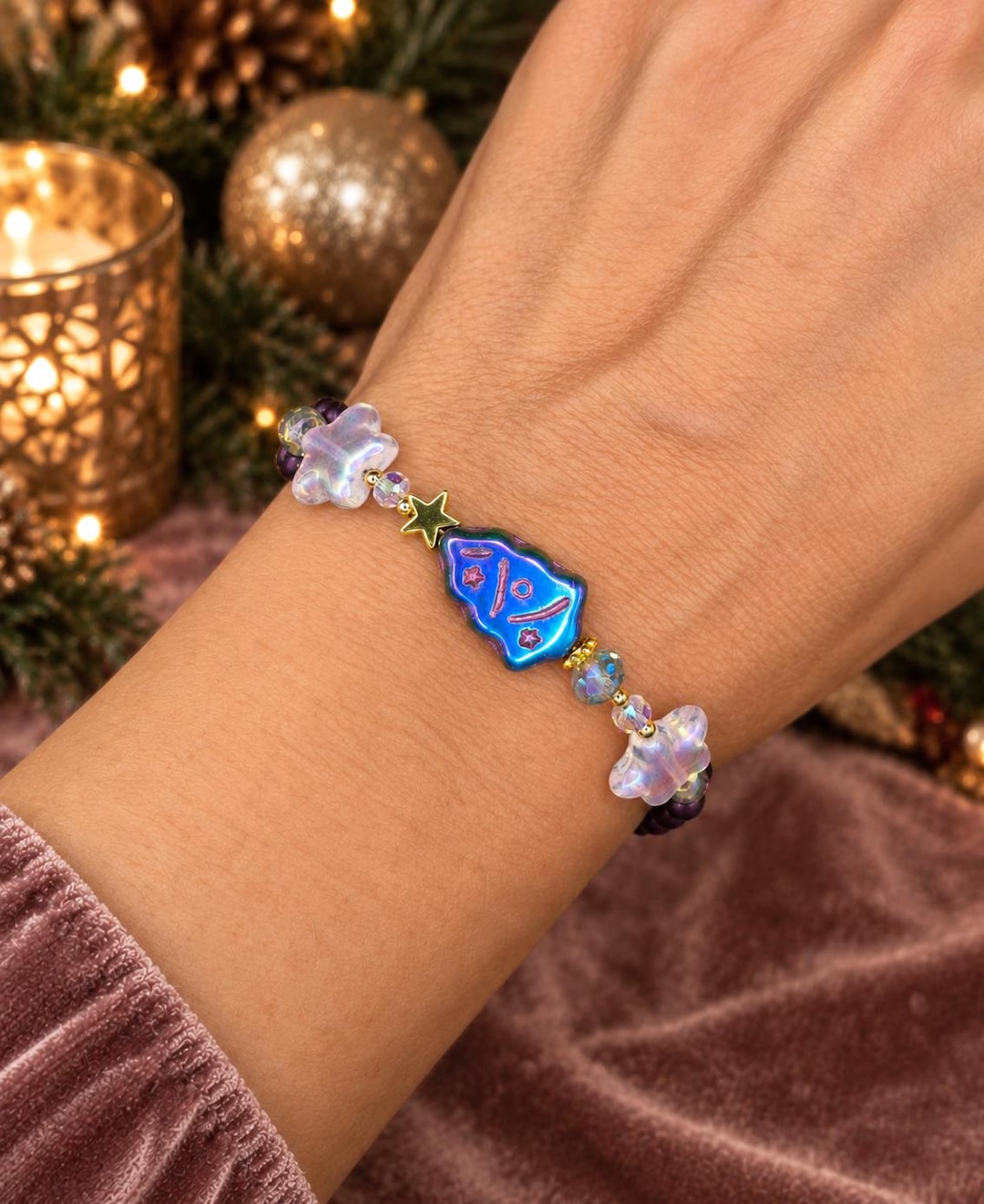 チェコガラス製クリスマスツリーブレスレット、ピンクとブルーの虹色