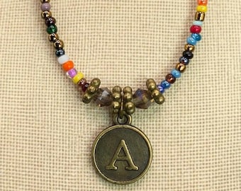 Czech Glass Personalized Initial Necklace: Bohemian Bronze Monogram Beaded Jewelry