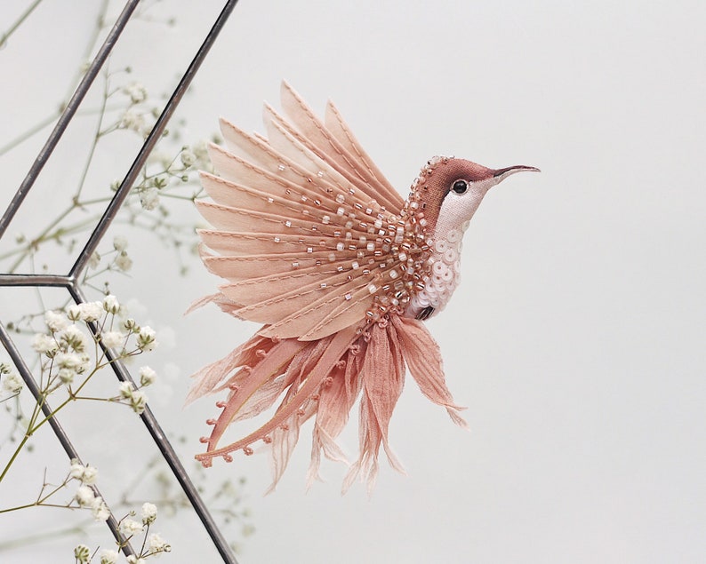 Hummingbird pin. Tea rose embroidered brooch Bird brooch