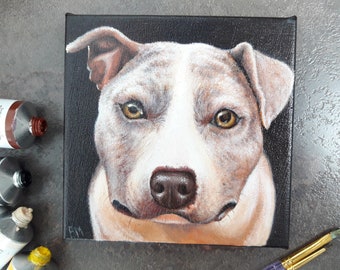 Pitbull Dog portrait Original oil painting on canvas Pet portrait, gift for the dog lovers Mini canvas dog decor Dog Art Puppy wall Decor