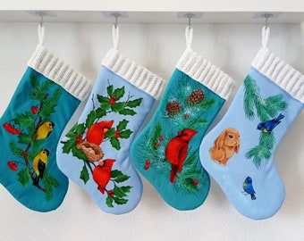 Christmas sock hand painting Christmas stocking birds and rabbits blue stocking for Xmas Ukrainian seller