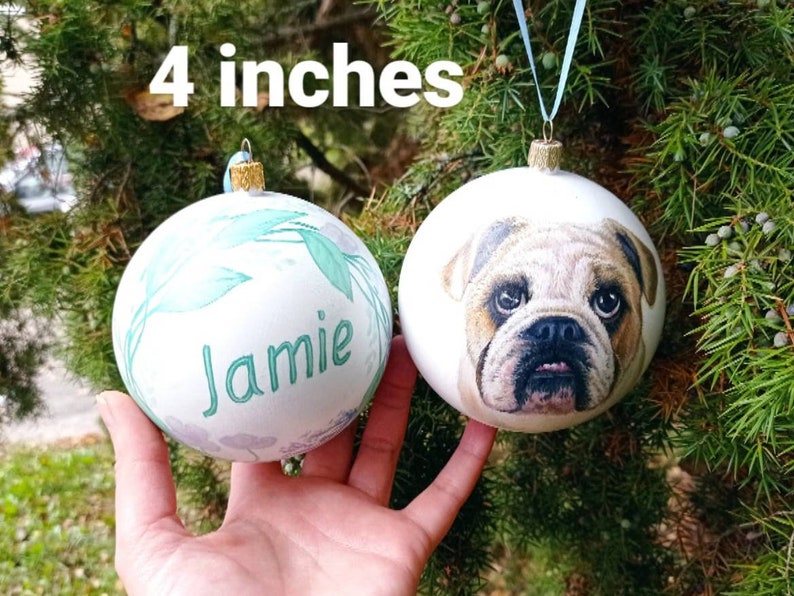 Custom hand painted pet portrait bauble Christmas ball personalised Ornament painted completely by hand from customer photograph Dog art ornament ball 4 inches