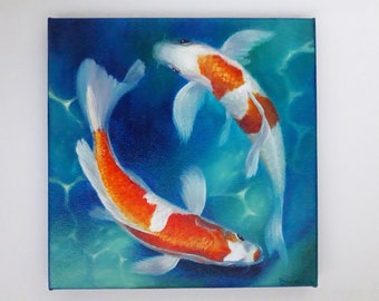 Koi fish original painting Koi Fish Pond Art Zen Art Feng Shui Decor