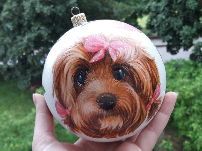 Custom hand painted pet portrait bauble Christmas ball personalised Ornament painted completely by hand from customer photograph Dog art ornament ball 5 inches