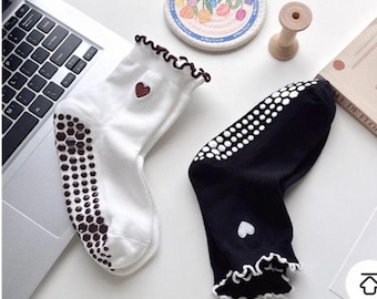 Pilates Non slip Socks, Ruffle embroidery Heart for Barre Pilates Yoga essentials- heart gift for her
