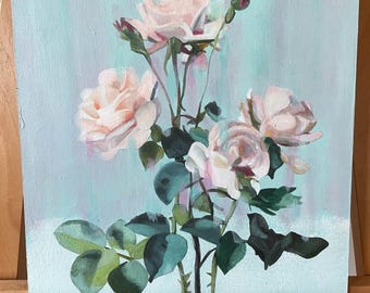 庭のバラ、オリジナルのアクリル画、花の絵画、ピンクの花、16x20の