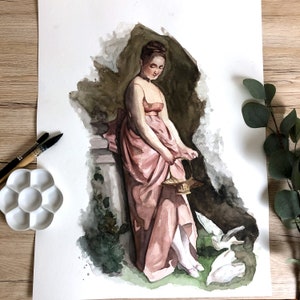 Feeding Doves - Original Watercolor Painting