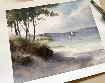 Strandscène - Origineel aquarelschilderij