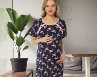 815 Maternity Pink Flaming Print Hospitalwear Nursing Nightdress