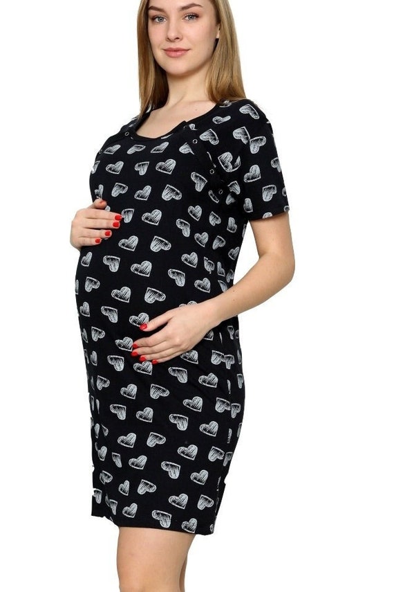 Black Cotton Maternity Nightdress: Breastfeeding Hospital Gown