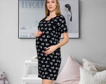 933 Birth Gown  Maternity Black Dress White Hearts Print Hospitalwear Nursing Nightdress