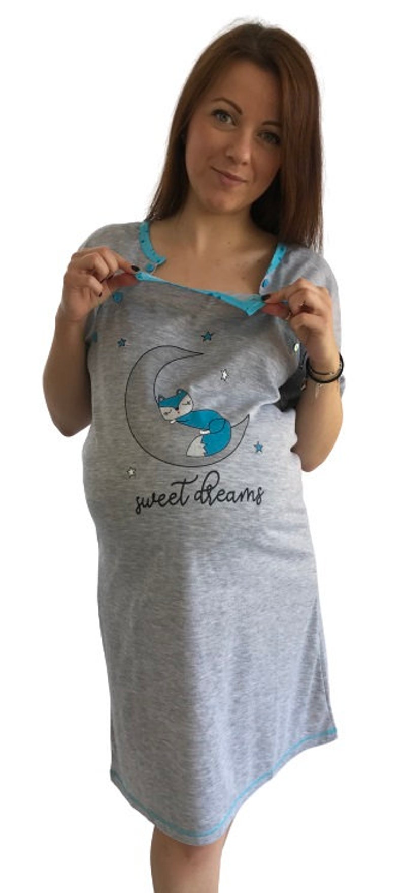 937 Birth Gown Maternity Breastfeeding Nightdress Pregnancy Nursing Nightwear Aqua