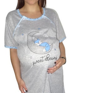 937 Birth Gown Maternity Breastfeeding Nightdress Pregnancy Nursing Nightwear Blue