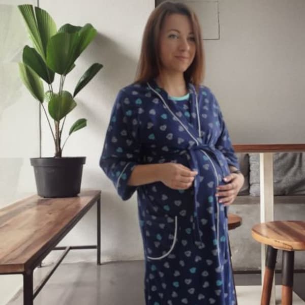 1920/920 Birth Gown Hearts Maternity Pyjama/Robe Hospital Nightdress Pregnancy Nursing Maternity Nightwear Hospitalwear Breastfeeding SET