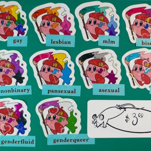 Pode incluir: Um conjunto de 10 autocolantes com um personagem de desenho animado rosa com um boné vermelho e um pincel. Cada autocolante tem um esquema de cores diferente e um rótulo com uma orientação sexual ou identidade de género diferente. Os rótulos incluem: gay, lésbica, mlm, bissexual, não binário, pansexual, assexual, trans, genderfluid e genderqueer. Os autocolantes custam 3,00 € cada.