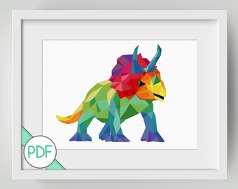 Patrón avanzado de punto de cruz: Triceratops geométrico multicolor, DESCARGA INSTANTE PDF, moderno, abstracto, grande, Dinosaurio