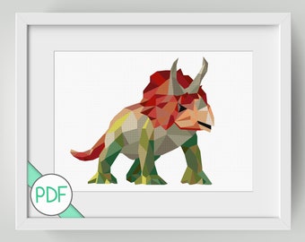 Patrón avanzado de punto de cruz: Triceratops geométrico, DESCARGA INSTANTE PDF, moderno, abstracto, grande, Dinosaurio