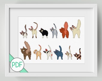 Cross Stitch Pattern: Funny Cats showing off their Butts, PDF INSTANT DOWNLOAD, Cute Cats, Cat