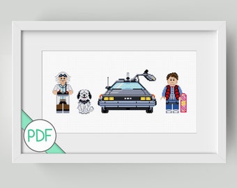 May include: Cross stitch pattern featuring a pixelated image of Doc Brown, Marty McFly, the DeLorean time machine, and a dog. The pattern is in black and white.