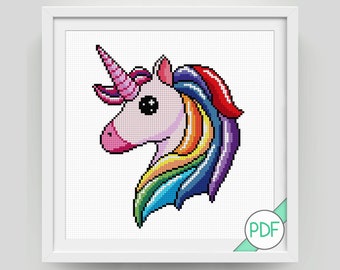 May include: Cross stitch pattern of a unicorn with a rainbow mane and horn. The unicorn is pink with large eyes and a pink horn. The mane is a rainbow of colors, with red, orange, yellow, green, blue, indigo, and violet.