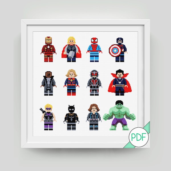 Cross Stitch Pattern: Collection of Comic book Superhero Characters, PDF INSTANT DOWNLOAD