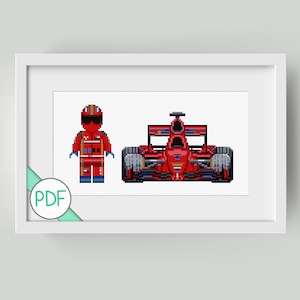 May include: A red and blue pixel art cross stitch pattern of a race car driver and a Formula One race car.