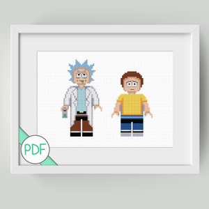May include: Cross stitch pattern featuring Rick and Morty from the animated TV show, depicted as pixelated Lego minifigures. The pattern is in a white frame with a PDF label.