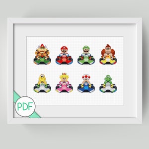 クロスステッチパターン: ゴーカートのキャラクター、PDF 即時ダウンロード