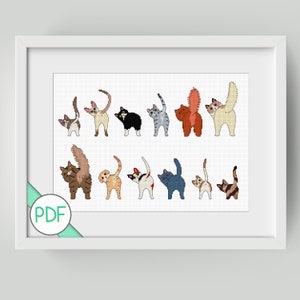May include: A cross-stitch pattern featuring 12 cats with their tails up in the air. The cats are in various colors, including brown, black, white, orange, and gray. The pattern is framed in a white frame with a PDF label in the bottom left corner.