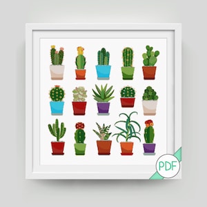 May include: A digital cross-stitch pattern featuring 16 different potted cacti and succulents in various colors and shapes. The pattern is in a white frame with a PDF label in the bottom right corner.