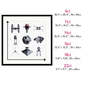 May include: A chart showing the different sizes of cross stitch patterns for Star Wars ships. The chart shows the number of stitches per inch, the size in inches, and the size in centimeters. The ships include the TIE Fighter, X-Wing, Millennium Falcon, Death Star, TIE Interceptor, AT-AT, Imperial Star Destroyer, and AT-ST.